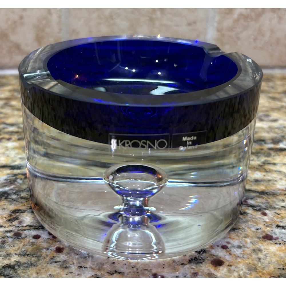 Krosno Poland Art Glass Ashtray Cobalt Blue Heavy Floating Bubble Ashtray